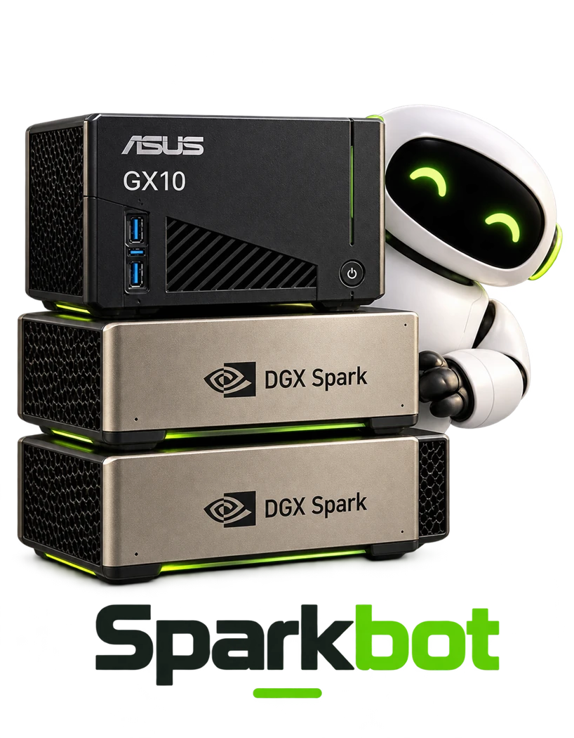 Sparkbot peeking around an ASUS GX10 and two NVIDIA DGX Sparks
