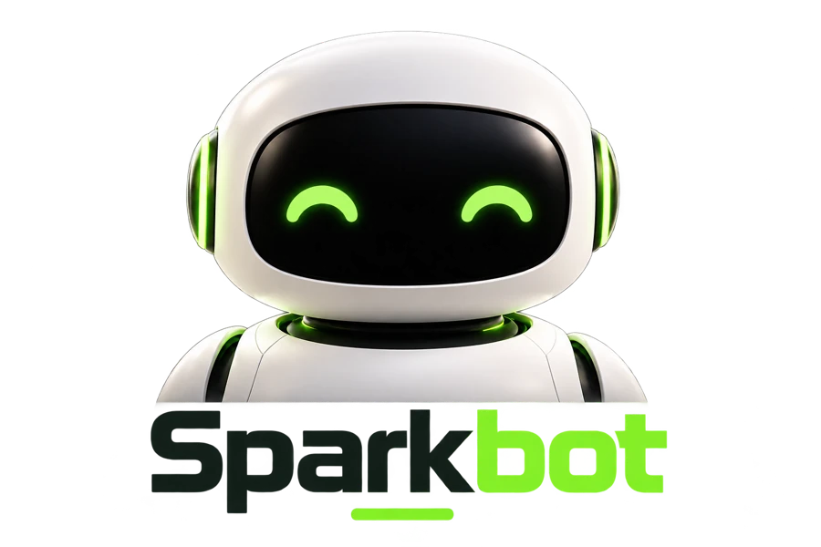 Sparkbot’s friendly white robot with green eyes and Sparkbot wordmark